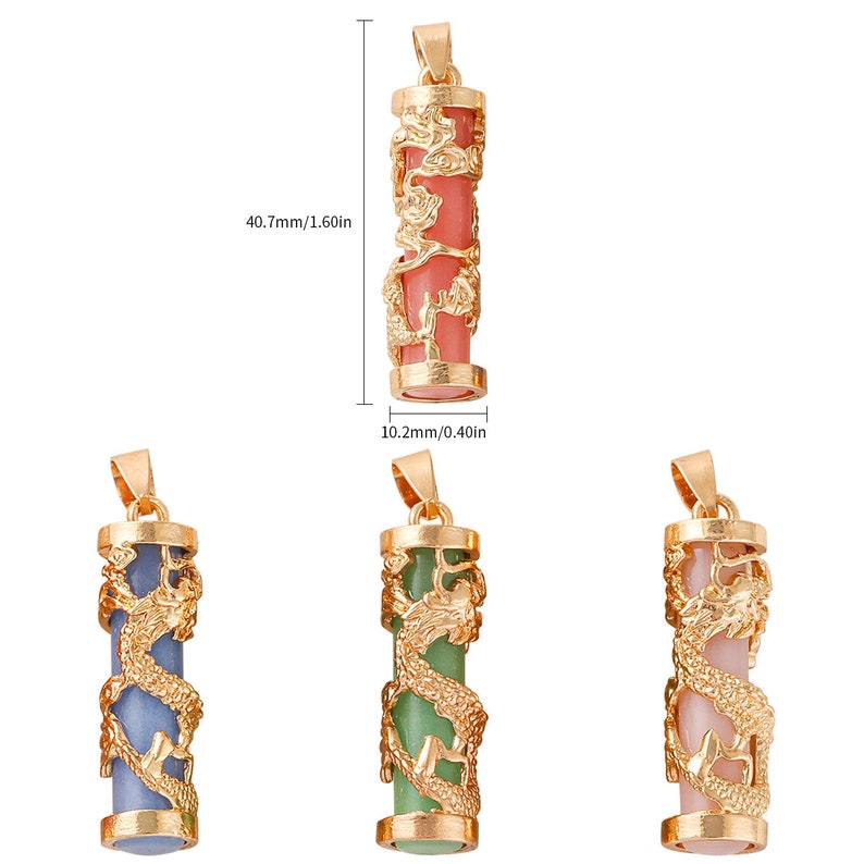 May include: Three gold-tone pendants with a dragon design. The pendants are made of a cylindrical shape with a gemstone inside. The gemstones are pink, green, and blue. Each pendant measures 1.6 inches in length and 0.4 inches in diameter.