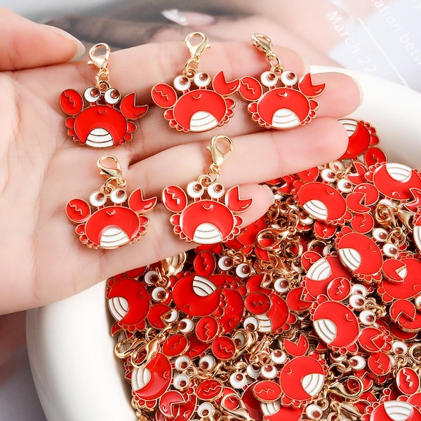 5Pcs Red Enamel Crab Charms with Gold Lobster Clasp, Nautical Ocean Jewelry Findings