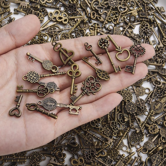 10 Antique Bronze Key Pendants, Mixed Alloy Charms