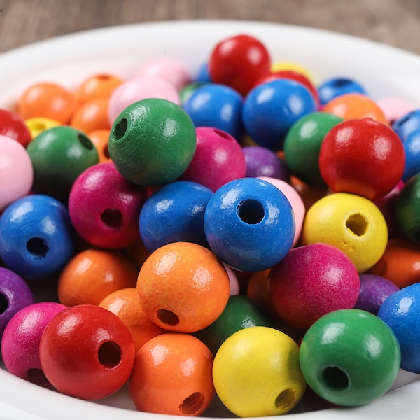 100pcs Colored Wooden Beads, Mixed Colorful Round Ball Natural Wood Beads for Bracelet Beads DIY Jewelry Findings, 6mm 8mm 10mm 12mm 14mm