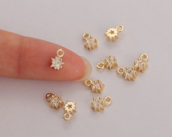 10Pcs Gold Plated Brass Star Charms, CZ Pave Celestial Pendants (7x4mm)