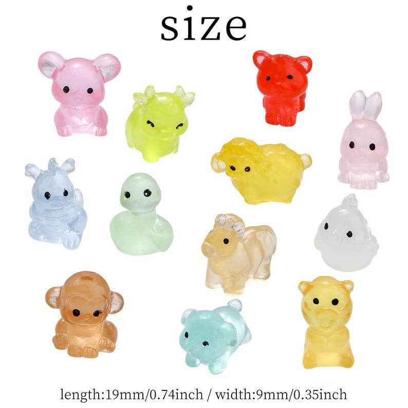 May include: A collection of translucent animal figurines in various colors, including pink, red, yellow, blue, and green. The figurines include a bear, rabbit, sheep, monkey, and other animals. The text "size" is at the top. The length is 0.74 inches and the width is 0.35 inches.