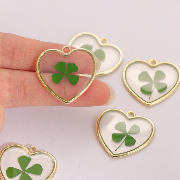 5Pcs Gold Heart Glass Pressed Four Leaf Clover Charm Pendant, Natural Dried Green Plant Charm for Necklace Earring Jewelry Making Supply