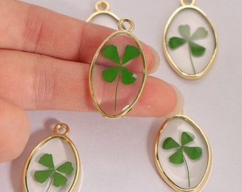 Gold Plated Clover Charm Pendants, Green Leaf Resin Jewelry Making (5Pcs)