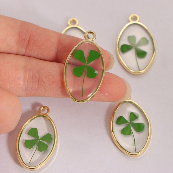 5Pcs Gold Plated Oval Pressed Four Leaf Clover Charm Pendant, Green Leaf Plant Resin Charm for Necklace Earring Findings DIY Jewelry Making