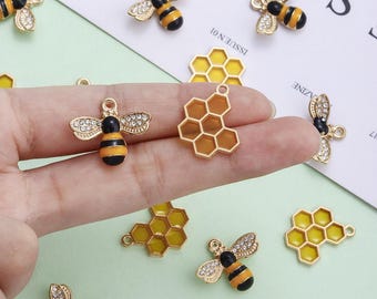 10Pcs Gold Plated Bee & Honeycomb Charm Pendants, DIY Jewelry Making