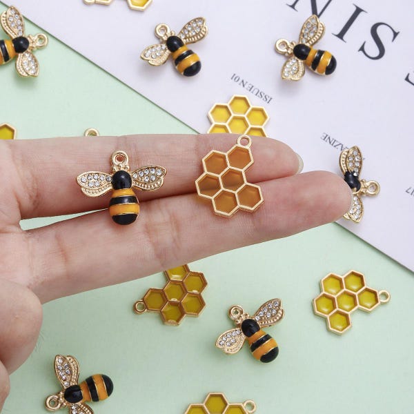 10Pcs Gold Plated Bee & Honeycomb Charm Pendants, DIY Jewelry Making