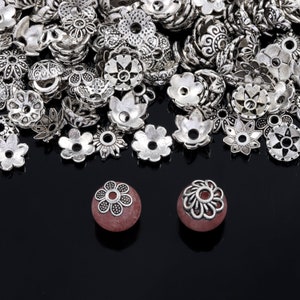 100pcs 8mm Mixed Antique Silver Alloy Floral Filigree Bead Caps, Tiny Silver Plated Bead Caps, Flowers Beads Caps for DIY Jewelry Findings