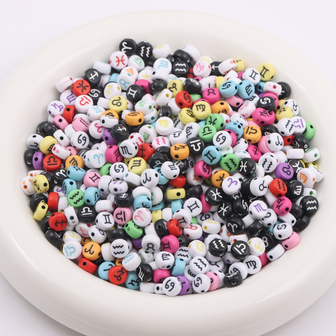 100pcs Round Flat 12 Zodiac Sign Beads, Acrylic Constellation Astrology