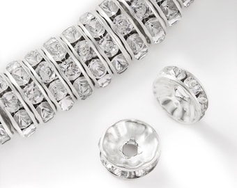 Silver Rhinestone Rondelle Spacer Beads, Crystal Clear, 6mm 8mm 10mm (100pcs)