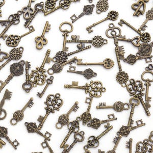 May include: A collection of antique bronze-colored keys with ornate designs, including heart, scroll, and floral motifs. The keys vary in size and shape, scattered against a white background, suggesting a vintage or steampunk theme.