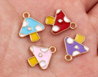 10pcs Enamel Mushroom Charms, Gold Plated Pendant for Jewelry Making (13×15mm)