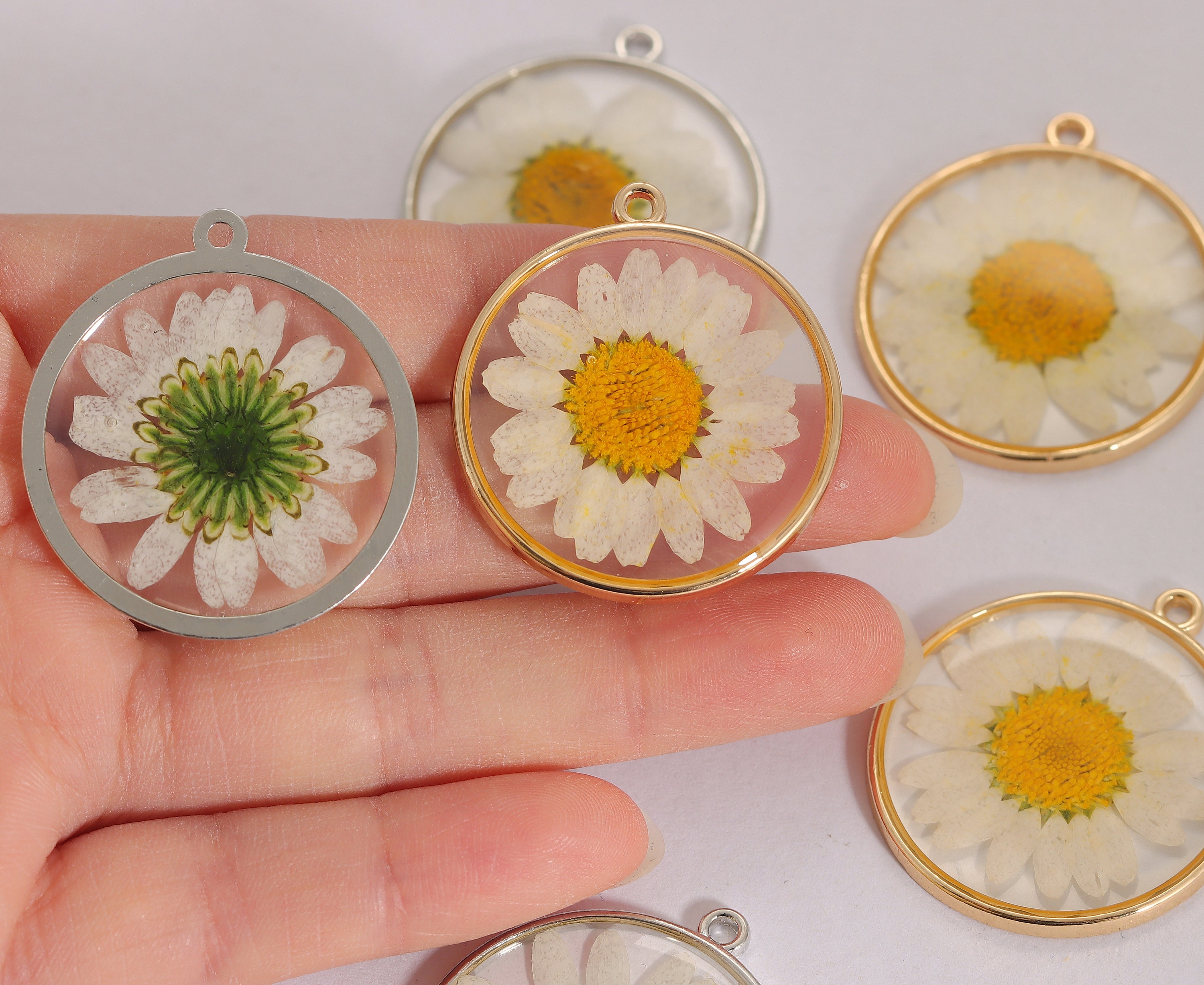5Pcs Gold Plated Round Pressed Flower Charm Pendant, Cute Small Daisy Flower Glass Charm for Necklace Earring Jewelry Making Supply(CC-039)