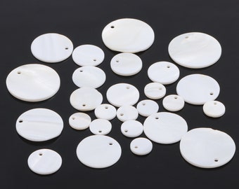 10pcs White Natural Mother of Pearl Shell Coin Disc Round Charms Pendant Beads, Handmade Carved Round Disc MOP Shell Charms for DIY Jewelry