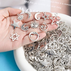 10pcs Vintage Celestial Charms, Sun Moon Star Pendants, Alloy Jewelry Making Findings