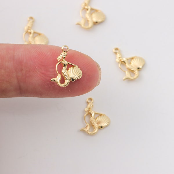 2Pcs Gold Dainty Mermaid Shell Charm Pendant, Mini Cute Tiny Mermaids Charms for Necklace Earrings Bracelet DIY Jewelry Making Findings