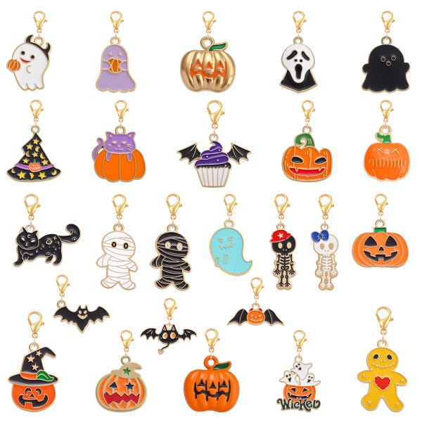 10pcs Enamel Halloween Charms, Gold Plated Bat Ghost Pumpkin Pendants