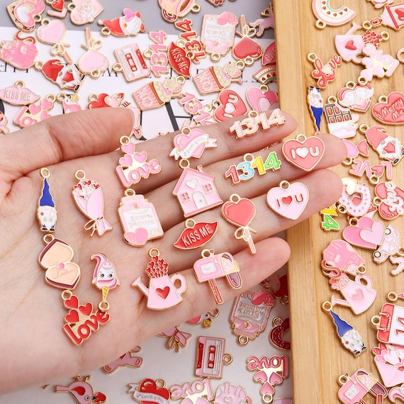 10pcs Pink Valentine's Day Enamel Charm Pendants, Jewelry Findings