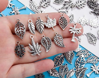 50pcs Antique Silver Leaf Charms Pendants, Alloy Silver Pendants Mixed Bulk Wholesale, DIY Bracelet Necklace Handmade DIY Jewelry Findings