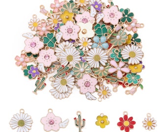 20 colgantes florales de esmalte chapados en oro, accesorios para joyería DIY.