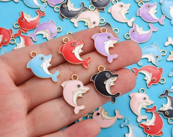10pcs Enamel Cartoon Dolphin Gold Plated Charm Pendant for DIY Jewelry Making Accessories