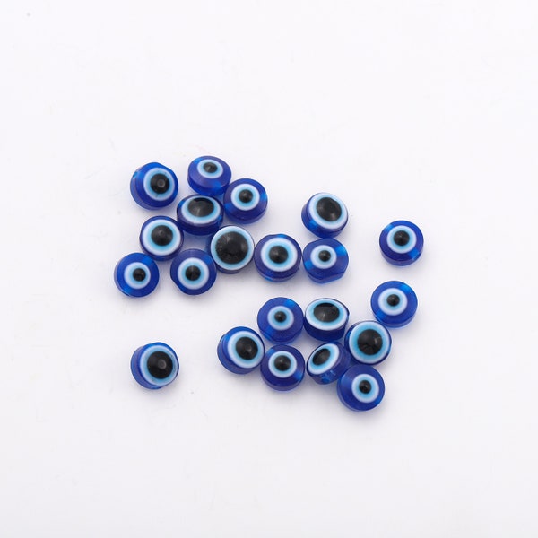 50 pièces de perles rondes plates bleues contre le mauvais œil avec trou, petite perle bleue contre le mauvais œil pour collier, bracelet, boucle d'oreille, bricolage, fabrication de bijoux, fournitures