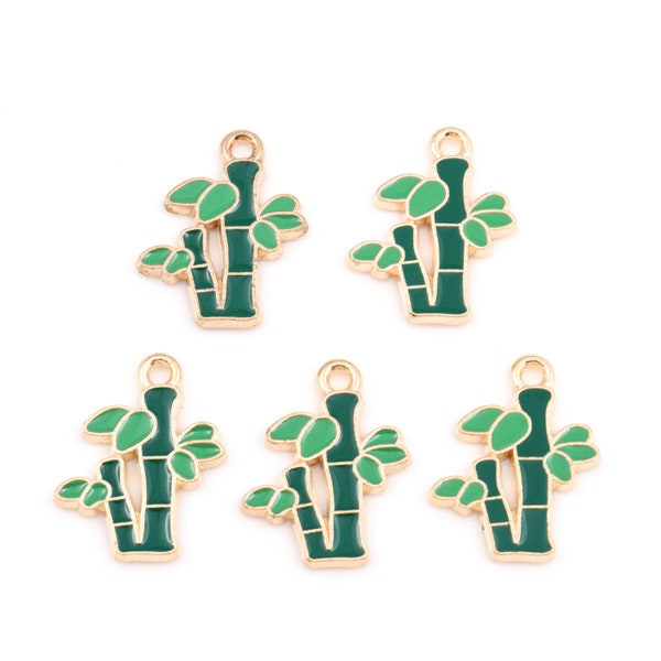 10pcs Enamel Bamboo Charm Pendant, Cute Tiny Green Bamboo Branch Leaf Plant Charm for Necklace Earrings Findings DIY Jewelry Making Supply