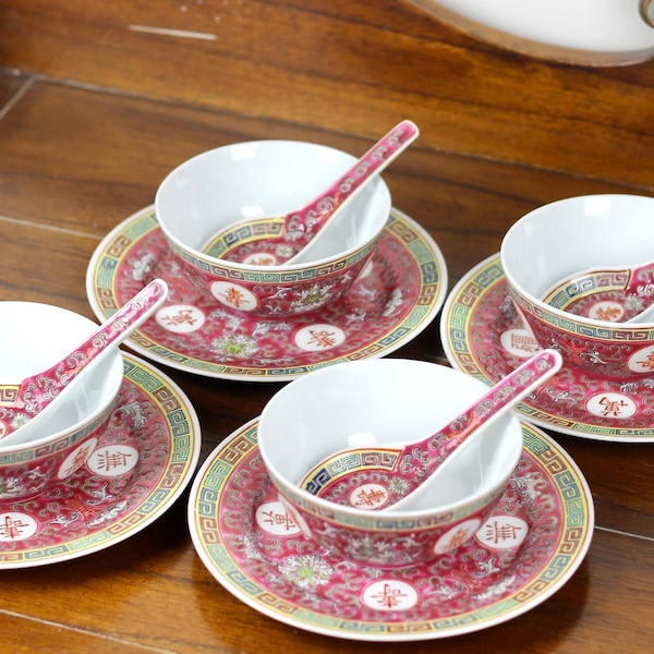 Vintage Mun Shou Porcelain Famille Rose Rice Bowls Spoons Small Plates Set of 4 Bonus Piece
