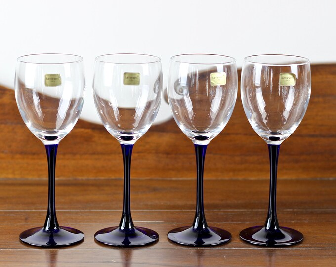 Reserve for Diana Vintage Luminarc Blue Stem Wine Glasses Set of 4 Etsy