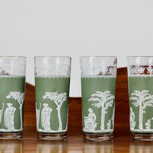 Mid Century Jeanette Glass Hellenic Green Tumblers 16oz Set of 4