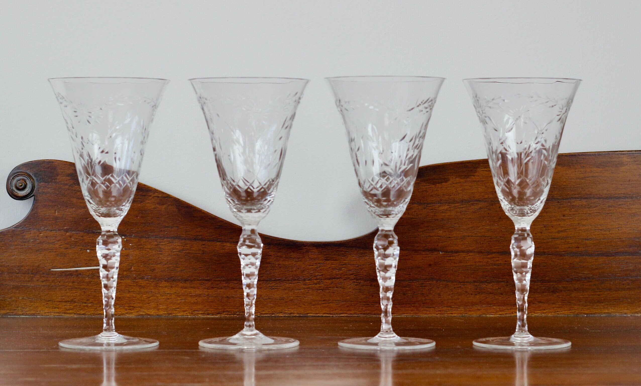 Vintage 1950's Cut Crystal large Wine Glass Set of 4 - Detailed Floral  Design
