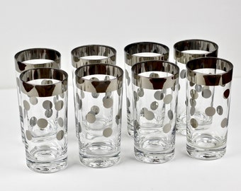 Mid Century Silver Dot Highball Cocktail Glasses Queens Lusterware Set of 8