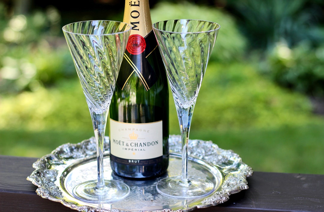 Vintage Crystal Champagne Flutes Optic Swirl Wedding Toasting Set of 2