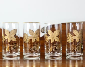 Vintage Libbey Tumblers 14oz Gold Leaves Set of 4 1960s