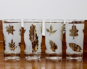 G Reeves Golden Foliage Highball Tumblers Mid Century Barware Set of 4