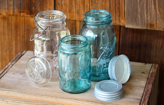 Antique Ball Mason Jar, Aqua Blue or Clear Glass Canning Jar, Zinc Lid