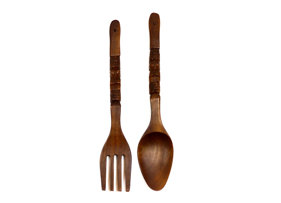 Vintage Large Wooden Fork and Spoon Wall Hanging Kitchen Etsy