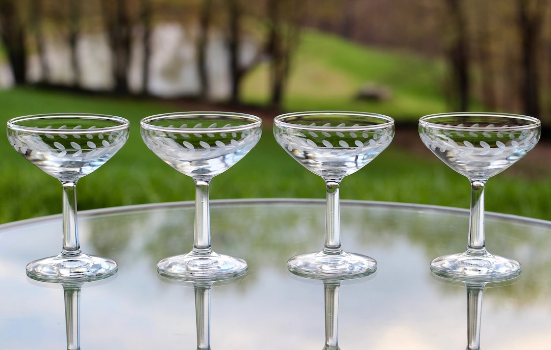 Vintage Champagne Coupe Cocktail Glasses Gray Cut Laurel Leaf Etsy