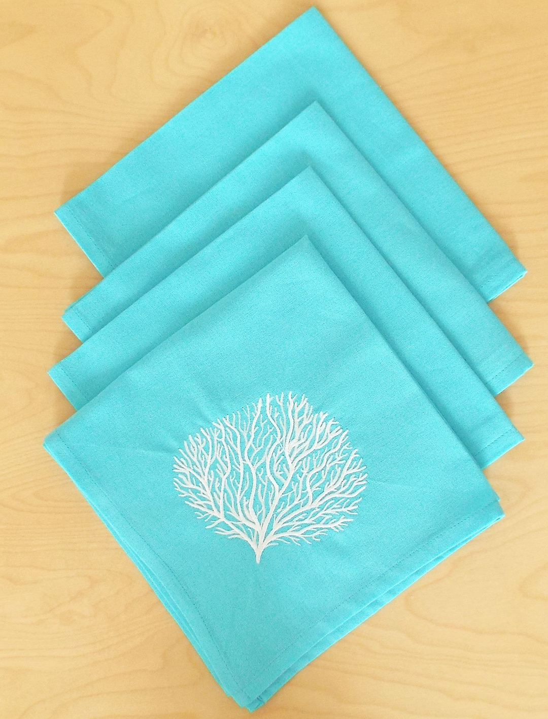 Teal,beach Coral Napkins, Embroidered Coral Napkins,beach House Decor