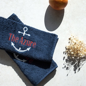 Bath Towel For Boat Anchors Hand Towel Boat Name Gift Navy Blue Guest Towel For Beach House Embroidered Custom Boat Name Towel Nautical Gift