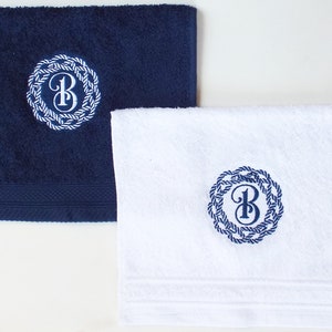 Custom Boat Towel,Marine Knot Frame,bath Towel Guest Towel,Hand Towel,Embroidered,Personalized Set of 2,Blue and White Boat Name Towels