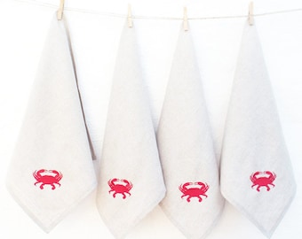 Servilletas de cangrejos, servilletas náuticas bordadas, decoración para casas de playa, servilletas de algodón, servilletas de mariscos, servilletas de cangrejo rojo, servilletas de cangrejo azul, regalo para anfitrionas