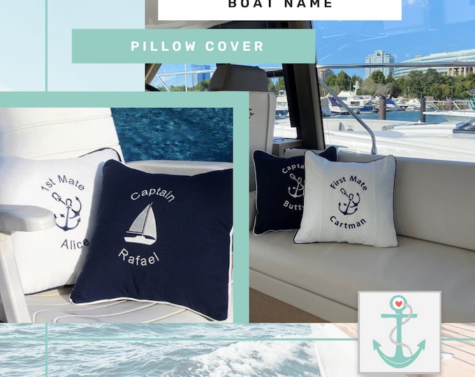 Boat Name Pillow Cover,Marine Cushion,Boat Gift,NauticalPersonalized Pillow Case,Beach House Decor,Anchor,Captain Pillow,First Mate Pillow