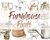 Watercolor Farmhouse Country Farm Clipart Cottage Clip Art Illustration Vector Rustic Pitchers Vintage Cans Farm Accessories Home Decor