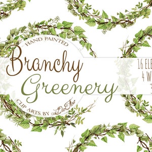 May include: Hand-painted watercolor illustrations of leafy branches and wreaths. The illustrations are green and brown and have a rustic, natural feel. The text "Branchy Greenery" is included in the image. There are 16 elements and 4 wreaths included in this set. The illustrations are 300 DPI.
