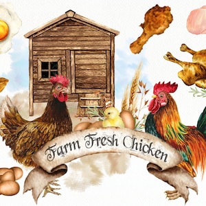 Acuarela Granja Pollo Clipart Huevos Productos cárnicos Gallinero Gallo Clip Art País Rústica Acuarela Ilustración Diseño Casa de campo