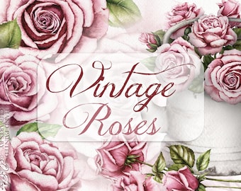 Watercolor Roses Clipart Vintage Rose Pink Clip Art Rose Teapot Clipart Vintage Flower Illustration Shabby Chic Bouquet Digital Home Decor