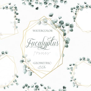 Puede incluir: Marcos de eucalipto acuarela - Geométricos. Un conjunto de cuatro marcos geométricos dorados con hojas y ramas de eucalipto acuarela alrededor. El texto "Marcos de eucalipto acuarela - Geométricos" está escrito en el centro de la imagen.