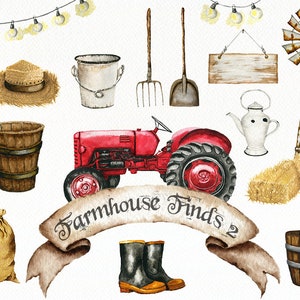 Watercolor Farmhouse Red Tractor Country Farm Clipart Cottage Clip Art Illustration Rustic Tractor Vintage Farm Accessories Home Decor
