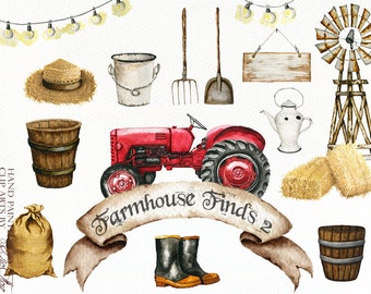 Watercolor Farmhouse Red Tractor Country Farm Clipart Cottage Clip Art Illustration Rustic Tractor Vintage Farm Accessories Home Decor